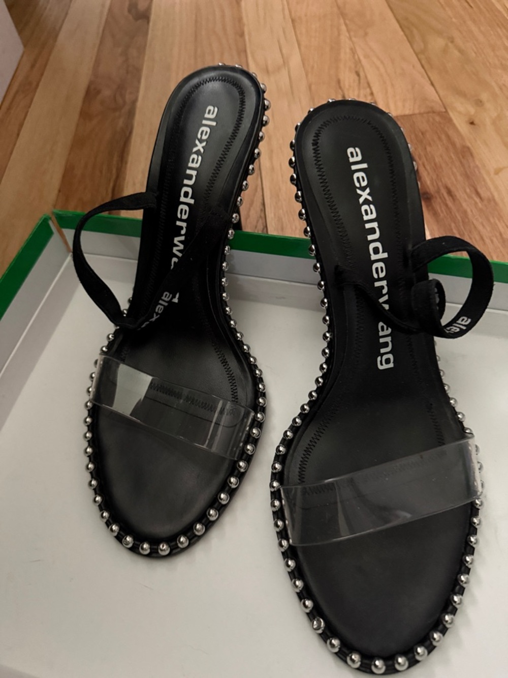 Alexander Wang Black Sandal with Clear Toe Strap and Silver Stud Trim
